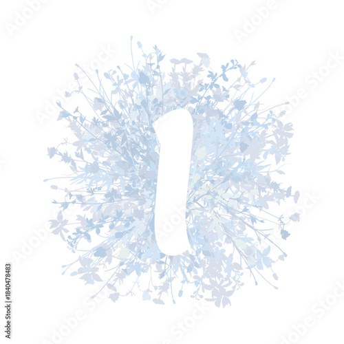 Easter, spring family floral monogram in pastel colors. White letter I on white background