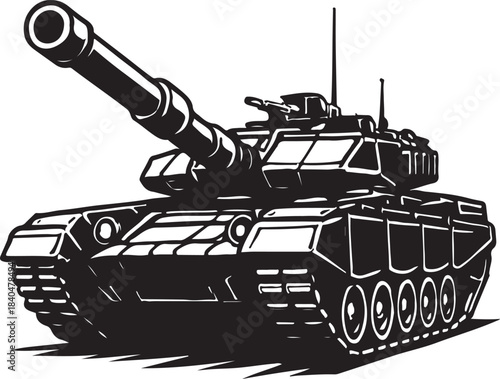 black and white heavy battle tank illustration in bold graphic style for military, defense, war concept design use Art & Illustration
