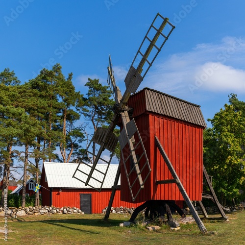 view of one of the historic Storling Windmills on the west coast of Oland island in southern Sweden