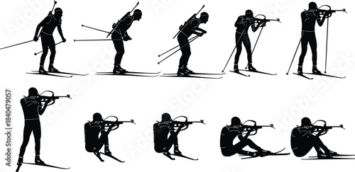 Biathlon athlete silhouettes skiing and shooting, cross-country skiers performing rifle targeting poses, winter sport action illustration set for competition themes