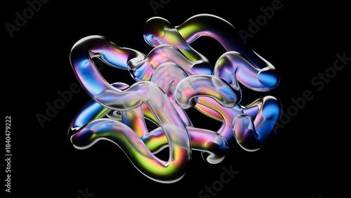 Abstract tangled structure made of multicolored glass tubes or iridescent hoses, isolated on black background. Colorful gradients with holographic effect. Digital 3D illustration