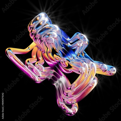 Futuristic shape of twisted iridescent glass pipes, merged in a tangled cluster, isolated on black background. Digital 3D illustration
