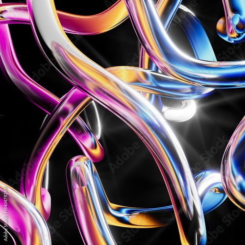 Abstract wallpaper. Interwoven glass hoses form an undulating structure, reflecting multicolored gradients, glowing with bright highlights, isolated on black background. Digital 3D illustration