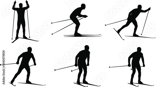 Cross country skier silhouette collection, winter sports action poses, skiing techniques, athletic movement, professional nordic skiing illustration set for design, fitness, outdoor activities
