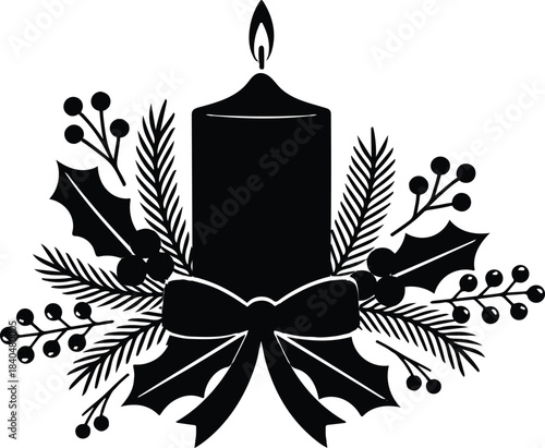 Christmas Candle and Holly Wreath Silhouette Vector Icon.