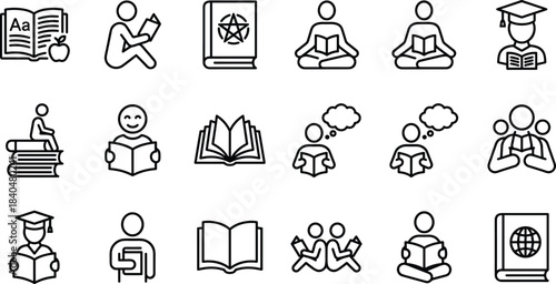 Collection of minimalist education and reading icons featuring students, books, studying, graduation, imagination, literacy concepts, open books and learning symbols