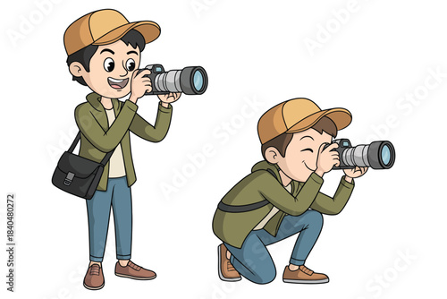 Photographer character taking pictures set with cartoon man holding camera in standing and crouching poses, perfect for travel, photography hobby, or journalism vector artwork
