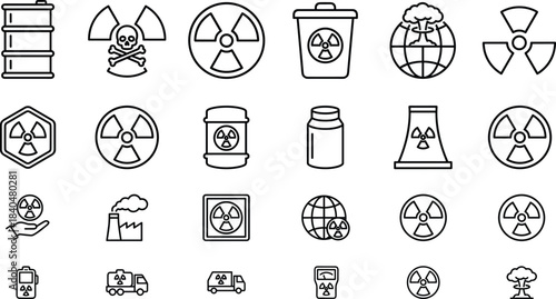 Comprehensive radioactive hazard icon set featuring nuclear waste symbols, contamination warnings, toxic barrels, danger signs, global pollution and safety alerts