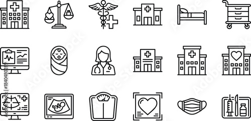 Comprehensive medical and hospital icon set featuring healthcare symbols, doctor illustrations, patient care elements, diagnostics, maternity, equipment and wellness graphics