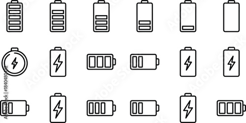 Minimal battery level icon set featuring charge indicators, energy symbols, electric power status designs for UI, apps, electronics and device interfaces