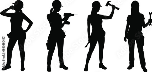 Female construction worker silhouettes holding tools, strong women in skilled trade jobs, professional labor workforce illustration, industrial occupation artwork