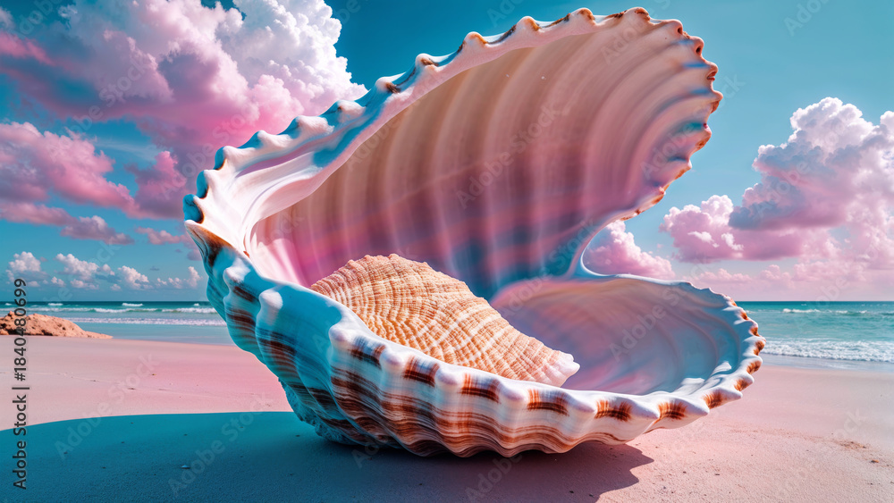 Obraz premium Giant Seashell with Conch on Dreamy Beach Under Pastel Sky - Surreal Coastal Art