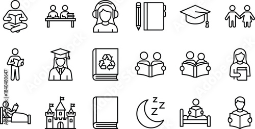 Minimal education and reading icons set featuring students, books, studying, graduation, learning activities, bedtime reading, recycled book and school elements