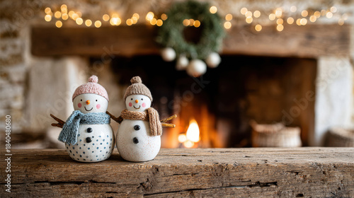 Two ceramic snowman decoration with warm scarf and knit hat by rustic mantel and glowing fireplace creating cozy holiday