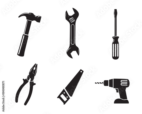 Construction tools silhouette set. Repair equipment icons including hammer, wrench, drill, saw, pliers, and screwdriver.
