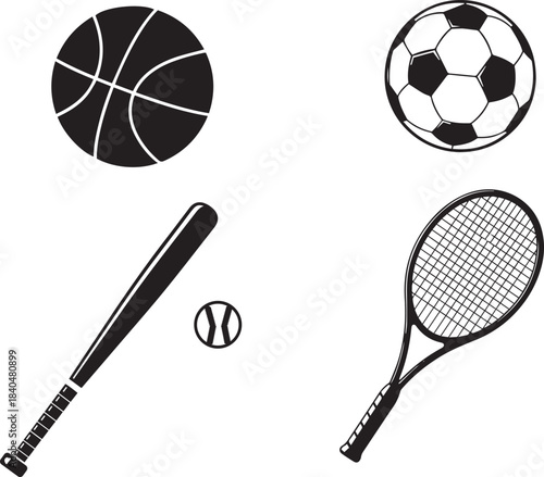 Sports equipment silhouette set. Icons for basketball, soccer, baseball, and tennis. Vector ball and racket collection.