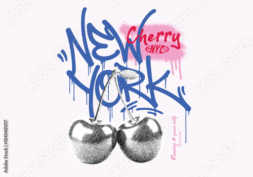 Graffiti slogan New York NYC typography text. vintage shiny cherry illustration. hand made font with graphic design. spray effects grunge texture. 