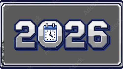 Year 2026 calendar icon digital clock face graphic element for future planning and new year concepts