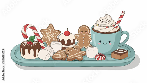 Cute Holiday Dessert Platter Vector — Kawaii Christmas Sweets, Festive Treats Illustration, Pastel Winter Dessert Art