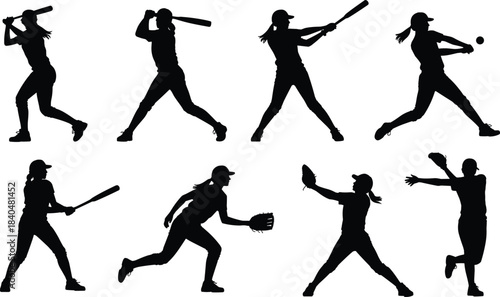Female softball player silhouette set, batting, pitching, catching, fielding poses, dynamic sports actions for coaching, training, athletic illustration collection