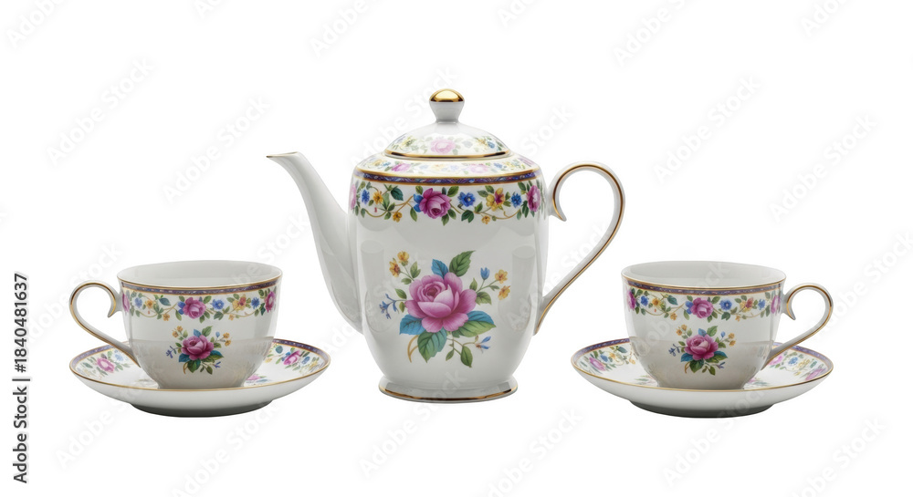 Fototapeta premium Porcelain tea set with floral pattern on black background ceramic teapot