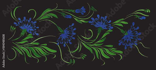 Vector floral composition from hand painted blue flowers on a black background