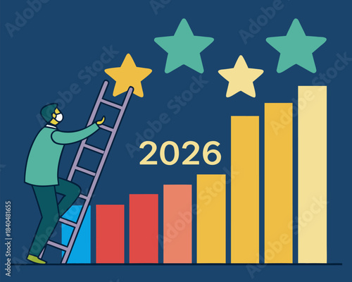 Business man standing on a financial graph illustration symbolizing growth and success