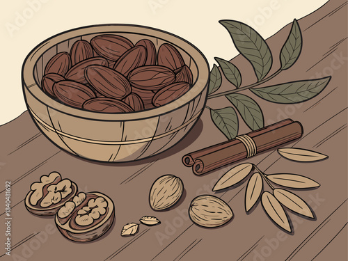 Sweet brown coffee beans and cinnamon with a cup of coffee and chocolate cookies dessert set