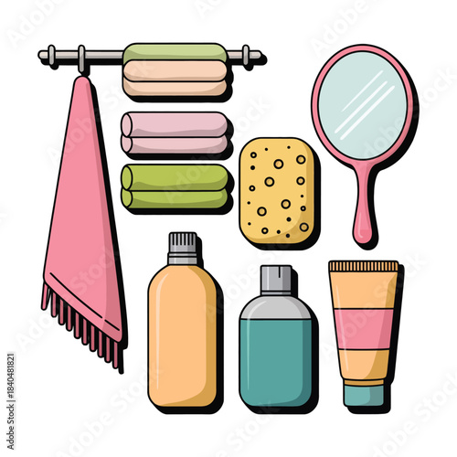 Bathroom hygiene essentials vector set with towels bottles sponge and mirror illustration