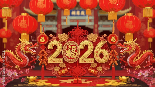 Chinese New Year 2026 decoration with dragons lanterns and firecrackers festive celebration concept 