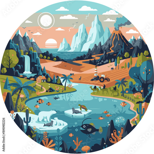 Flat design vector illustration of a diverse global landscape in a circular frame, showcasing the interconnectedness of various ecosystems: icy mountains, a volcano, ocean, desert cacti, farmland with