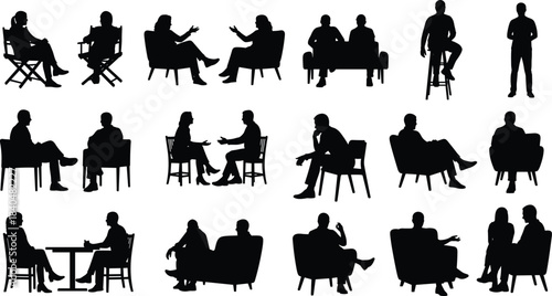 Collection of fifteen black silhouettes of people sitting in various chairs, discussing, conversing, and socializing in casual and professional settings, vector illustration elements.