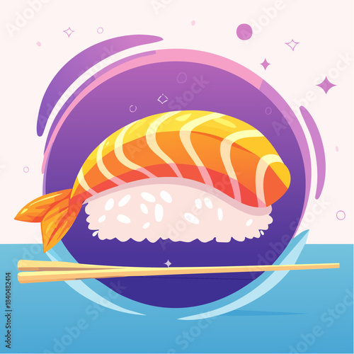 A vibrant illustration of salmon nigiri sushi with chopsticks against a purple and white backdrop.