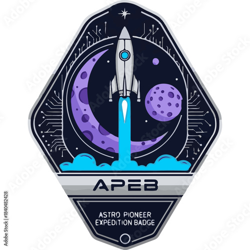 Modern, geometric, and high-tech space exploration patch or emblem illustration featuring a powerful rocket launching into a starry night sky, set within a hexagonal shape with celestial elements like