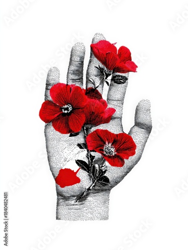 Artistic black and white hand holding vibrant red blossoms, a symbol of nature.