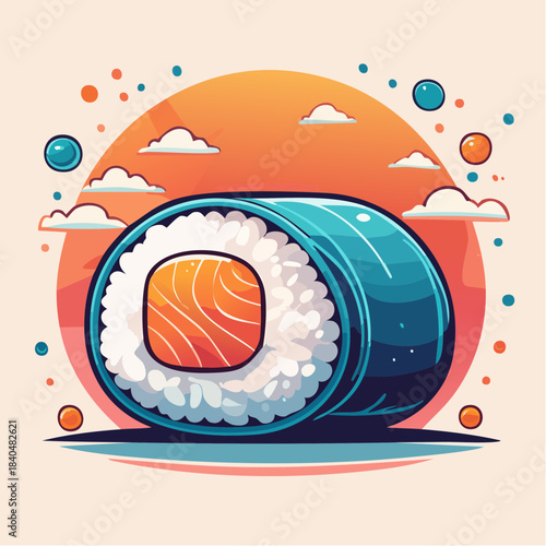 A cartoon illustration of a sushi roll with salmon filling, set against a colorful background with clouds and bubbles.