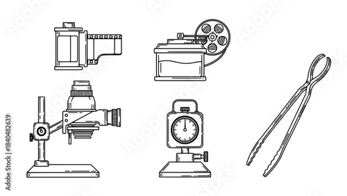 Minimalist black and white illustration showing a guitar neck with a wrench and string roll, representing instrument repair, beside two blank rectangular boxes.