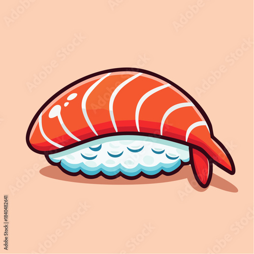 Cartoon illustration of a piece of salmon nigiri sushi on a beige background.
