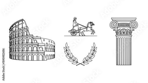 Minimalist black and white illustration showing a guitar neck with a wrench and string roll, representing instrument repair, beside two blank rectangular boxes.