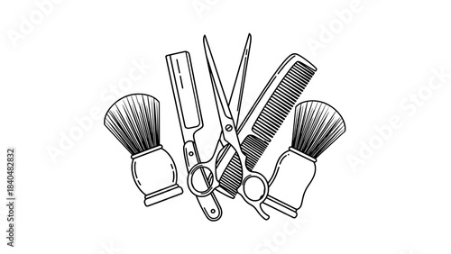 Minimalist black and white illustration showing a guitar neck with a wrench and string roll, representing instrument repair, beside two blank rectangular boxes.