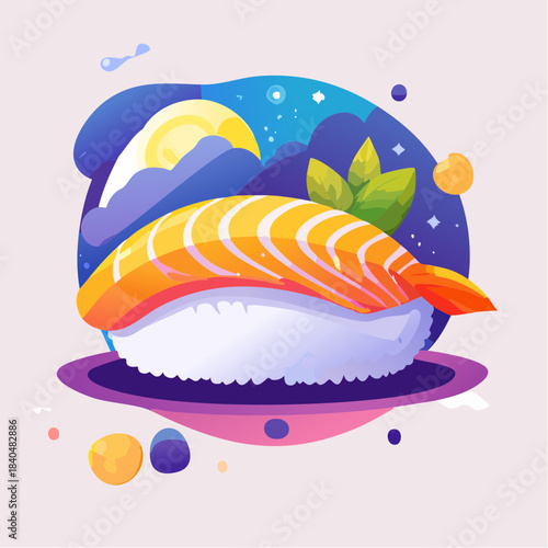 Illustration of a piece of salmon nigiri sushi with rice, set against a stylized, colorful background.