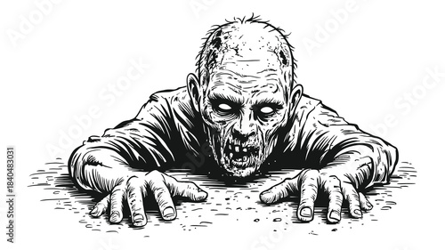 Scary zombie head and hands rising from soil in hand-drawn vector illustration, ideal for Halloween, horror artwork, and spooky graphic design concepts