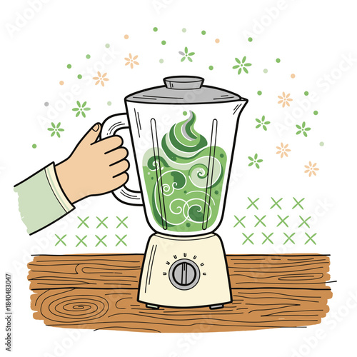 Hand holding blender with green smoothie on wooden table Concept of health  