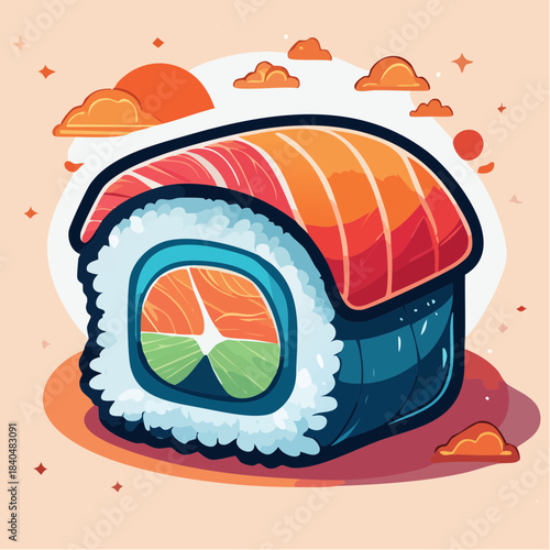 Cartoon illustration of a salmon sushi roll with rice and nori seaweed, against a light orange background with clouds.