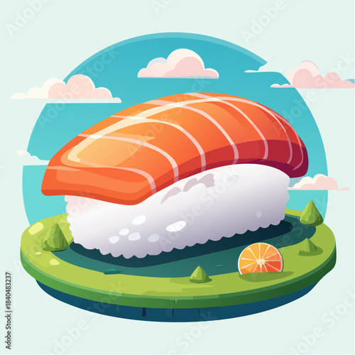 Illustration of a piece of salmon nigiri sushi on a green plate with a blue sky background.
