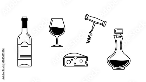 Minimalist black and white illustration showing a guitar neck with a wrench and string roll, representing instrument repair, beside two blank rectangular boxes.