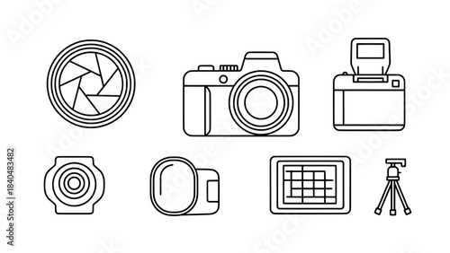Minimalist black and white illustration showing a guitar neck with a wrench and string roll, representing instrument repair, beside two blank rectangular boxes.