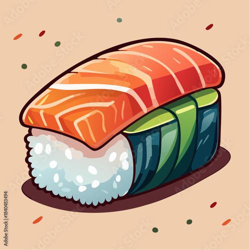 Illustration of a piece of salmon sushi with rice and seaweed wrap.