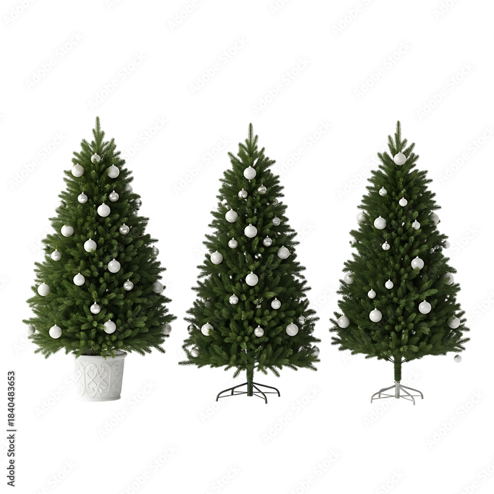Fototapeta premium Decorated Christmas Trees Displayed Indoors with Ornaments and Stands in a Festive Holiday Setting