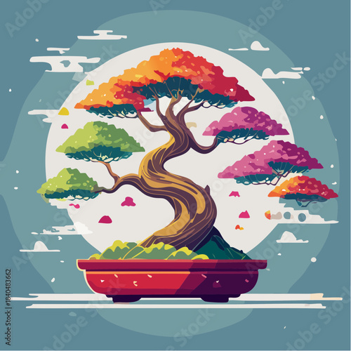 Colorful bonsai tree with a twisted trunk in a red pot against a moonlit sky.